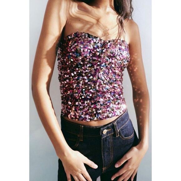 NWT Zara Blogger’s Favorite Festive Days Sweetheart Neckline Sequin Top, XS - Picture 5 of 16